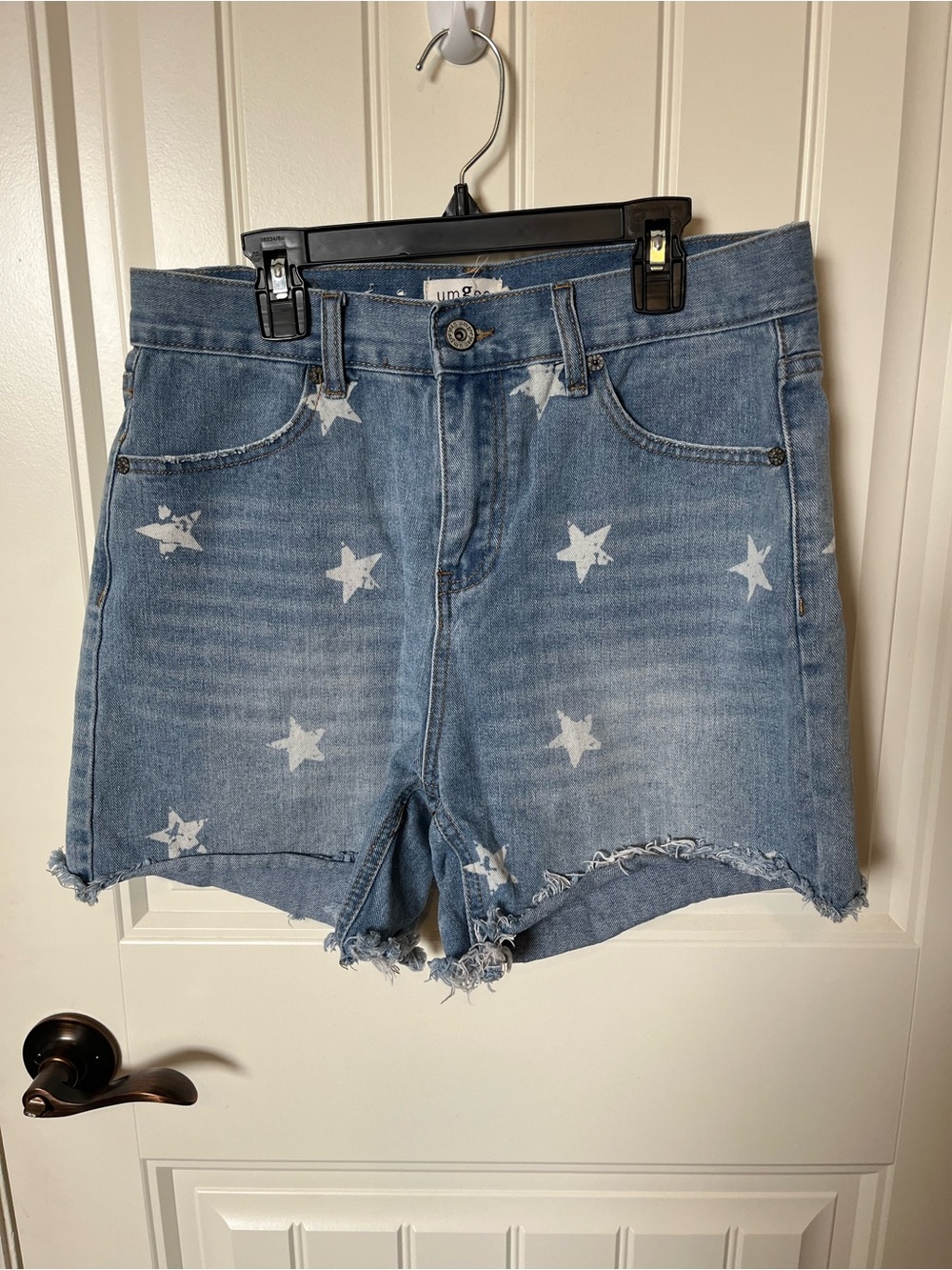 Umgee Light Blue Star Print Distressed Denim Shorts